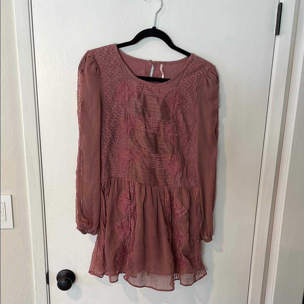 Free People Pink Ruffled Mini Dress with Bishop Sleeves